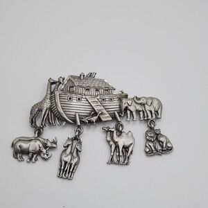 Vintage Noahs Ark Silver Tone Dangle Pin Animals JJ Brooch Christian Collectible